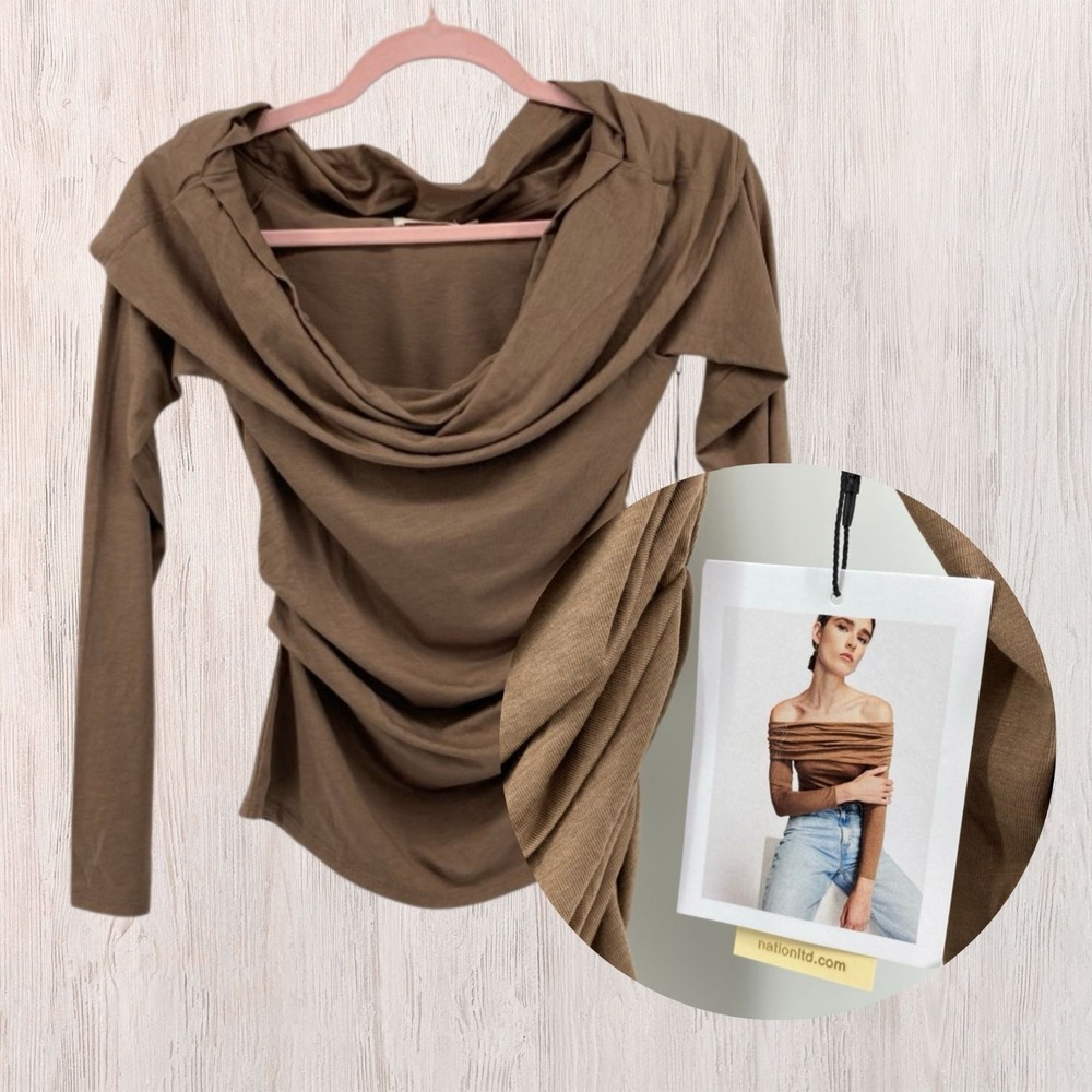 New Women Nation LTD Drape Cowl Neck S Top Brown Pima Cotton Minimalist Basic